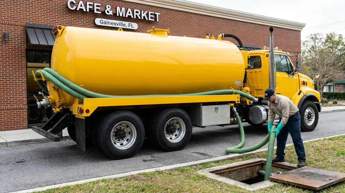 A commercial grease trap being pumped at a Gainesville food business