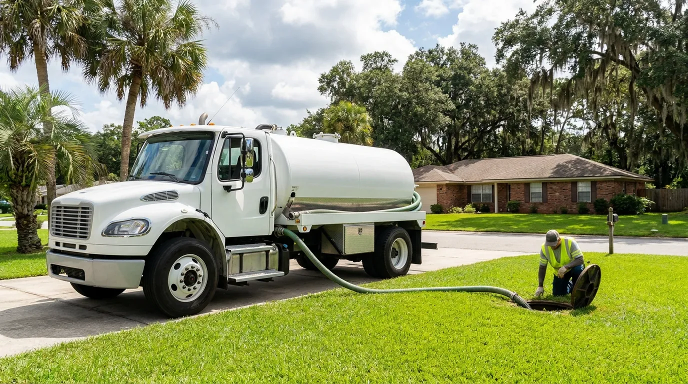 A septic pump truck servicing a residential septic tank in Gainesville, Florida