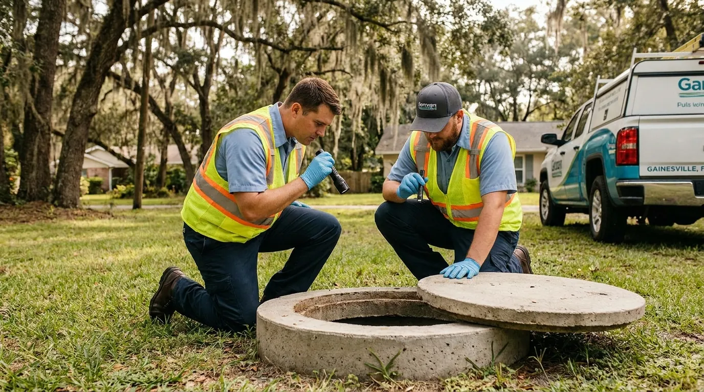 A technician checking a septic tank access port during an inspection in Gainesville