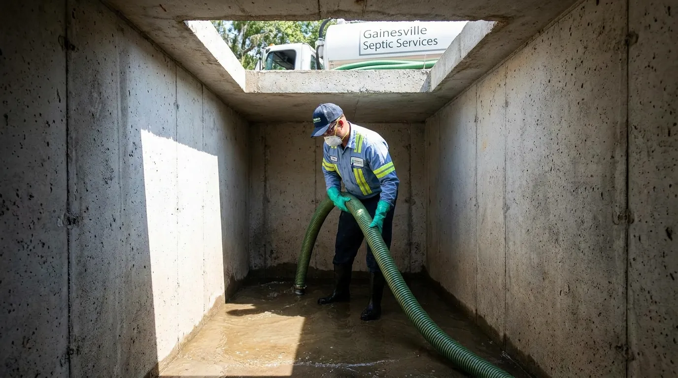 Interior of a septic tank being cleaned during service in Gainesville