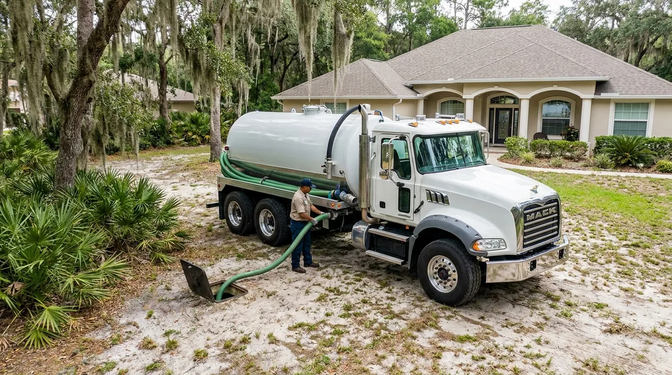 Septic service truck on a rural property near Alachua, Florida